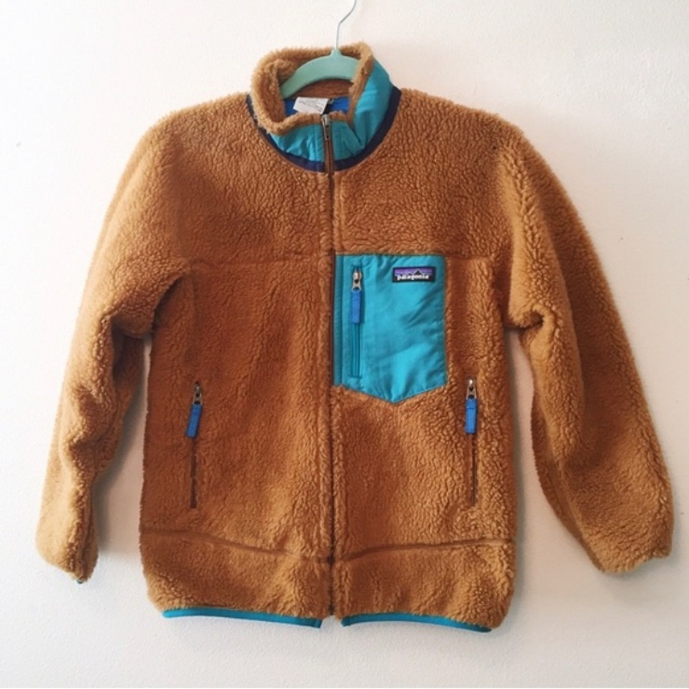 Vintage Patagonia Retro X Deep Pile Fleece Jacket Boys Large Brown W Blue Accent